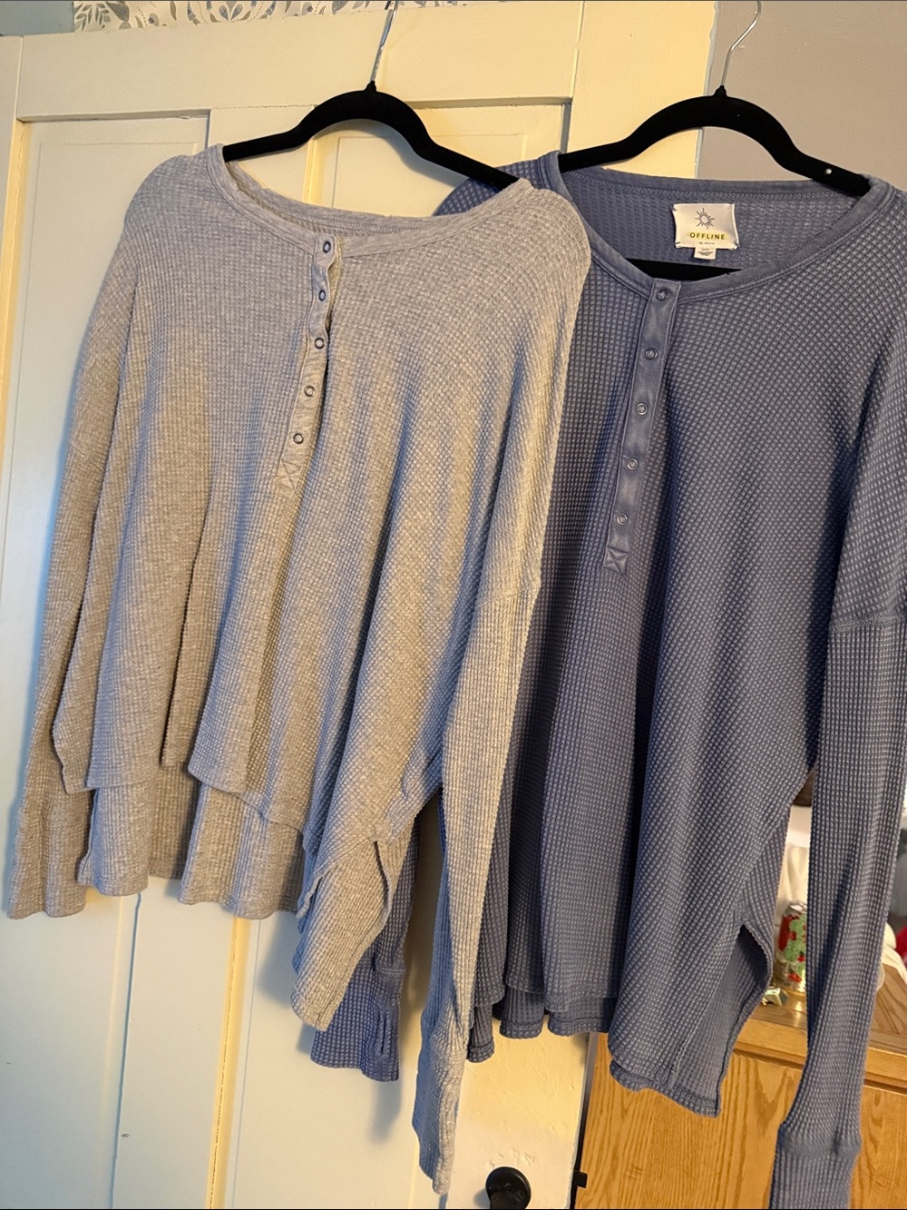 aerie Waffle Henley Sweater in Light Gray and Dusty Blue